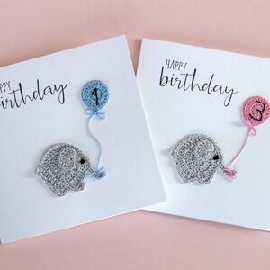 Carte personnalisée éléphant avec ballon, carte de premier anniversaire, carte éléphant au crochet bébé garçon/fille, carte de 2e anniversaire, carte d'anniversaire d'enfant