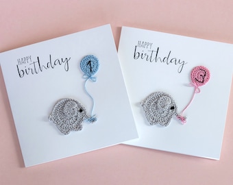 Personalised Elephant Card with Balloon, First Birthday Card, Crocheted Elephant Baby Boy/Girl Card, 2nd Birthday Card, Kids Birthday card