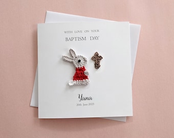 Personalized Crochet Bunny Christening Card, Handmade Baptism Card