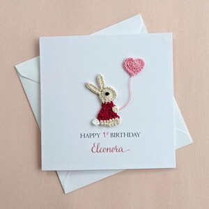 Carte personnalisée de lapin au crochet, carte de premier / 1er anniversaire, carte d'anniversaire fille / garçon, carte d'anniversaire pour enfants, carte d'anniversaire pour enfants