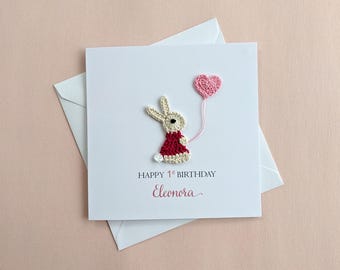 Personalised 1st Birthday Crochet Rabbit Card, First / Girl / Boy Birthday Card, Kids Birthday card, Children's 1st Birthday Card