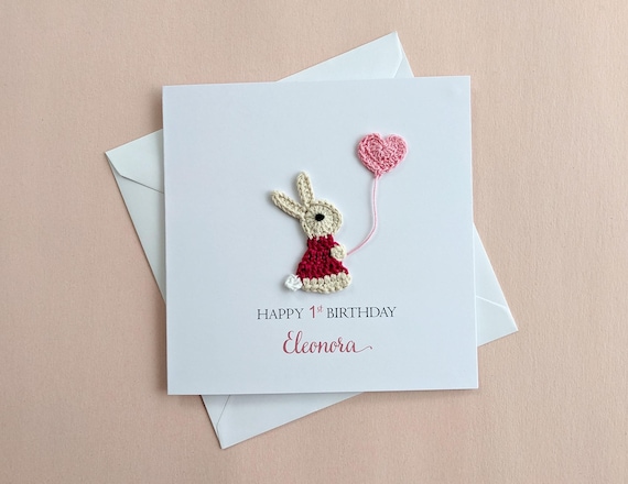 Personalised 1st Birthday Crochet Rabbit Card, First / Girl / Boy Birthday Card, Kids Birthday card, Children's 1st Birthday Card