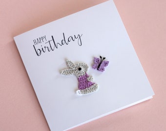 Personalised Birthday Card, Girl/Boy Birthday Card, 1st / 2nd Birthday Card, Kids Birthday Card, Crochet Bunny Card and butterfly