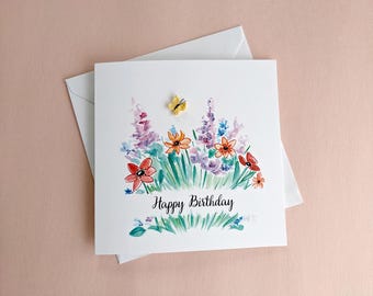 Personalized Watercolor Floral Birthday Card with Crochet Butterfly, Birthday Kid Card, Happy Birthday Mom/Mum