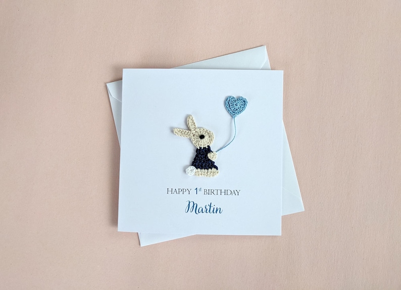 Personalised Crochet Rabbit Card, Baby Birthday Card, Girl Birthday Card, Kids Birthday card, Children's Happy 1st Birthday Card
