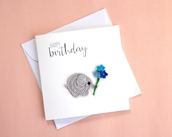 Personalised Elephant Birthday Card, Happy Birthday Card, Special Card, Crochet Elephant Birthday Card with Flowers