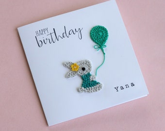 Personalised Birthday Rabbit Card, Girl Birthday Card, Any Age Birthday Card, Congratulations Card, Kids Birthday Card, Crochet Bunny Card