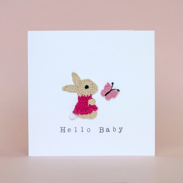 Personalised New Baby Card, Hello Baby Bunny Card, New Baby Boy / Girl Card, Crochet Bunny Rabbit Card, New Baby Card, Crochet Baby Card