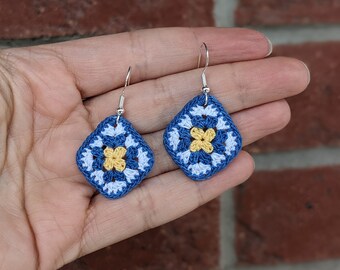 Blue Granny Square Earrings: Sterling Silver Crochet Jewelry