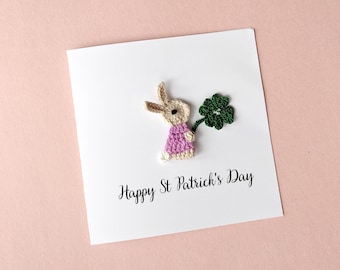 Personalized Card, Happy St Patrick's Day card, Good Luck card, Bunny with four-leaf clover