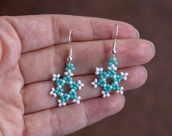 Beaded Snowflake Earrings: Turquoise & White Czech Glass Winter Jewelry