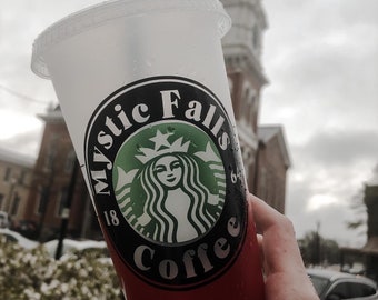 Mystic Falls coffee cold cup- The Vampire Diaries, Mystic Falls, Damon Salvatore, Klaus Mikaelson, Enzo St John, Katherine Pierce, Vampire