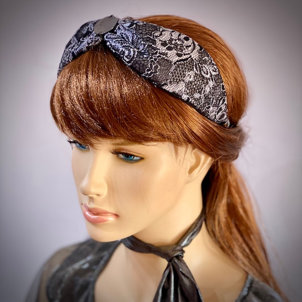 Comfortable Gray Lace Headband With Black Cotton Lining, Stylish Luxury Gift For Business Lady, Elegant Summer Headband For Pretty Girl