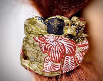 Stylish Comfortable Wide Summer Scrunchie, Silky Boho Floral Ponytail Scrunchie, Fashionable Summer Soft Olive Scrunchies For Modern Women