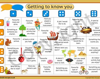 Getting to know you dice game. A fun, thematic, dice game. Great for youth groups, schools, clubs. Age 7 to young adult.