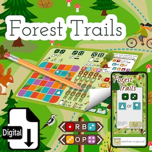 Può includere: Un download digitale per un gioco da tavolo di sentieri forestali. Il tabellone di gioco è verde con una griglia di quadrati e un percorso. I pezzi del gioco sono rossi, blu, arancioni e viola. Il gioco è per 2-4 giocatori. Il gioco è progettato per bambini dai 8 anni in su.