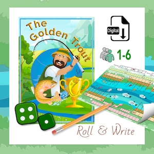 Peut inclure: Jeu de société numérique intitulé "The Golden Trout" sur le thème de la pêche. Le jeu comprend un plateau de jeu, des dés, un crayon et une illustration de couverture d'un pêcheur. Le jeu est pour 1 à 6 joueurs.