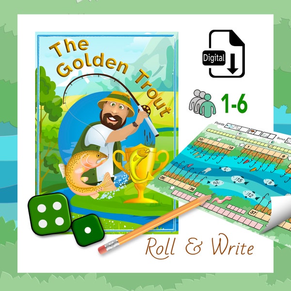 Premium roll and write, dice and pen game. The Golden Trout. Solo or family fun print and play board game or draw on a tablet. Travel game.