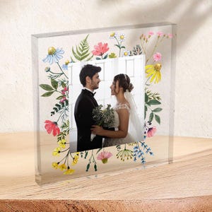 Personalised Photo with Floral Border Plaque Customized Acrylic, Keepsake Gift, Valentines Day Gift for Him/Her, Wedding Gift for Couples