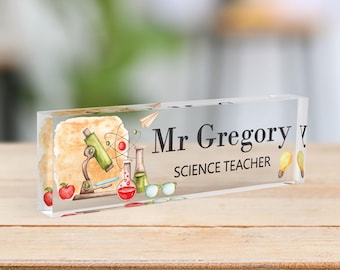 CUSTOM Science Teacher Name Desk Plate, Personalised Name Sign Plaque for Office Decor Clear Acrylic Block, New Job Secret Santa Gift 5
