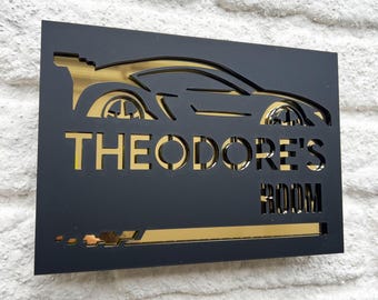 Personalised Bedroom House Sign Mirror Back Race Car Design - Adhesive for Childrens Room, New Birth Gift for Kids, Boy or Girl Bedroom
