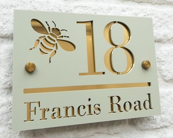 Personalised House Sign Mirror Back Bee Design with Standoff Plaque, New Home Gift, Address Sign, First Home, Door Number