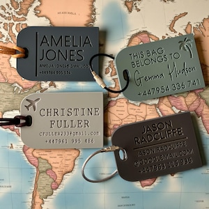 May include: Four personalized luggage tags in shades of gray, each with a different name, contact information, and a unique design element. The tags are displayed on a map.