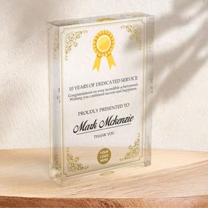 Personalised Employee Award with Logo Thick Customized Acrylic Freestanding Plaque, Thank you Gift, Corporate Award, Recognition Work Trophy