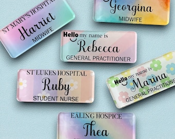 Rainbow Personalised Name Badge | Custom Staff Name Tag | NHS, Healthcare, Teacher, Nursery | 76x32mm | Pin or Magnet Fastener | ID Badge