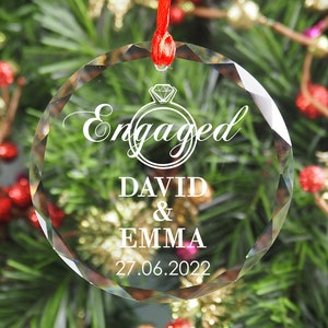 CUSTOM Engaged Names and Date Christmas Crystal Ornament Luxury Gift Bauble Tree Decoration Personalized Keepsake Secret Santa Present