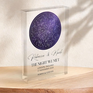 May include: A clear acrylic block with a celestial theme. It displays a purple and white star map in an oval shape. The text reads "Rebecca & Mark", "THE NIGHT WE MET", the date "17 NOVEMBER 2024", and location "LONDON, ENGLAND". The words "ALWAYS & FOREVER" are also included.