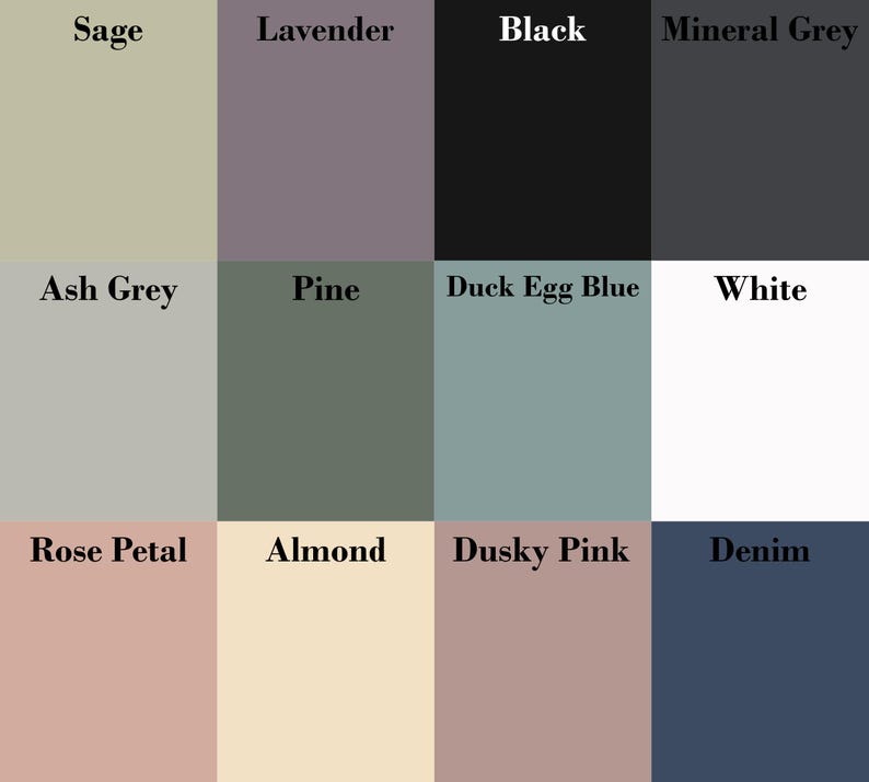 Puede incluir: Una paleta de colores con doce muestras de colores s&oacute;lidos. Los colores incluyen Sage, Lavender, Black, Mineral Grey, Ash Grey, Pine, Duck Egg Blue, White, Rose Petal, Almond, Dusky Pink y Denim. Cada color est&aacute; etiquetado con su nombre.
