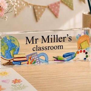 CUSTOM Teacher Name Desk Plate, Personalised Name Sign Plaque for Office Decor, Clear Acrylic Block, Coworker New Job Secret Santa Gift 6