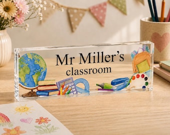 CUSTOM Teacher Name Desk Plate, Personalised Name Sign Plaque for Office Decor, Clear Acrylic Block, Coworker New Job Secret Santa Gift 6