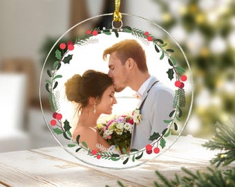 Décoration de sapin de Noël photo personnalisée avec guirlande acrylique cadeau personnalisé premier Noël couple marié décoration famille commémoratif souvenir