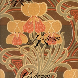 May include: A vintage art nouveau style floral pattern with brown, orange, and green colors. The design features stylized flowers with intricate details and a repeating pattern.