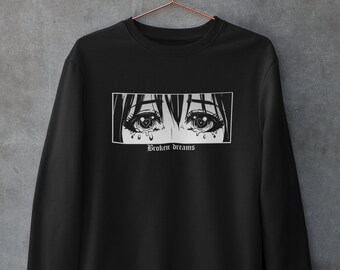 Broken Dreams Sweatshirt, Crying Girl, Japanese Anime Eyes Crewneck, Broken Dreams Club, Soft Grunge Clothing, Soft Girl Clothes
