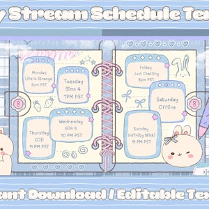 Kawaii Coquette Pink Blue Bunny Twitch Stream Schedule Template | Editable Weekly Planner for Vtubers & Streamers | Pastel Canva Template