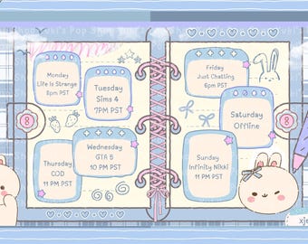 Sjabloon Kawaii Coquette roze blauw konijn Twitch Stream schema | Bewerkbare weekplanner voor Vtubers & Streamers | Pastelcanvasjabloon
