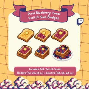 Puede incluir: Imagen de arte pixelado de insignias de suscripción de Twitch de tostadas de arándanos. Las insignias incluyen tostadas con mantequilla, mermelada y bayas. La imagen incluye el texto "Pixel Blueberry Toast Twitch Sub Badges".