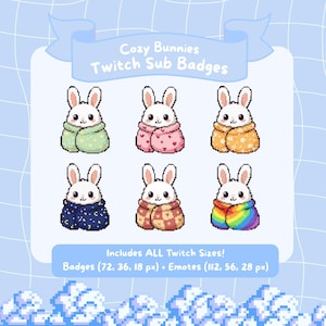 May include: A collection of six pixel art bunny badges, each wrapped in a different colored blanket. The text "Cozy Bunnies Twitch Sub Badges" is at the top. The bottom text reads "Includes ALL Twitch Sizes! Badges (72, 36, 18 px) + Emotes (112, 56, 28 px)".