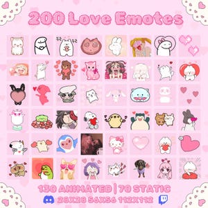 Peut inclure: Graphique rose avec 200 émoticônes d'amour, dont 130 animées et 70 statiques. Les émoticônes, disposées en grille, présentent des personnages de dessins animés, des cœurs et des symboles. Le texte en haut indique "200 Love Emotes".