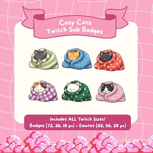 May include: A set of six digital badges featuring cartoon cats wrapped in blankets. The cats are in various colors and patterns, including stripes, stars, and moons. The text "Cozy Cats Twitch Sub Badges" is displayed above the badges.