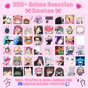 Puede incluir: Gráfico rosa con emoticonos de reacción de anime. El texto dice "350+ Anime Reaction Emotes" y "150+ Static & 200+ Animated". Los tamaños de los emoticonos son 28x28, 56x56 y 112x112. Incluye diversas expresiones de personajes de anime.