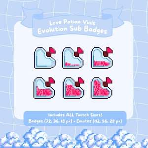 以下が含まれることがあります： さまざまな充填段階のピクセル化されたラブポーションバイアルサブバッジ。上部に赤いリボンが付いています。画像には「Love Potion Vials Evolution Sub Badges」と「Includes ALL Twitch Sizes!」というテキストが含まれています。