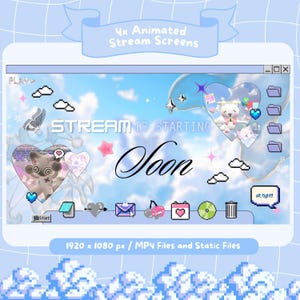 May include: Animated stream screens with a blue and white theme. The design features a sky background with clouds, hearts, and stars. Text includes "Stream is Starting Soon" and "4x Animated Stream Screens". The resolution is 1920 x 1080 px.