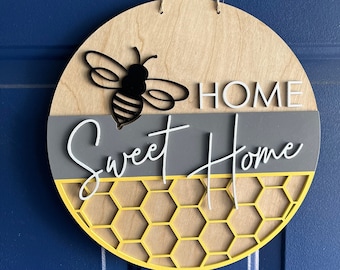 Home Sweet Home Bee Wooden Sign, Rustic Farmhouse Entryway Decor