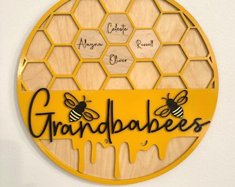 Personalized Grandbabies Bee Sign, Custom Grandchildren Names, Baltic Birch Wood Decor