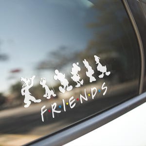 Cartoon Pals Sitting Decal – Retro Style Character Group Sticker, Cute Mouse and Friends Inspired Vinyl for Laptops, Cars, and More
