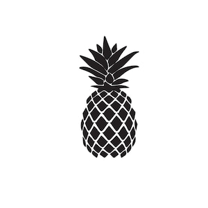 May include: Black and white silhouette of a pineapple with a spiky top and a textured body.